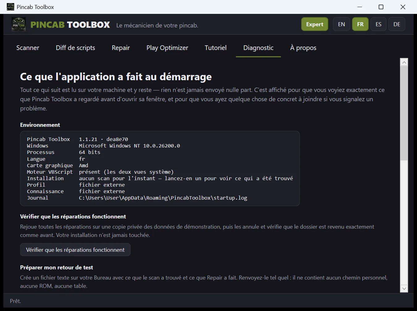 Capture de l'onglet Diagnostic : le bloc Environnement, le bouton Vérifier que les réparations fonctionnent et la section Préparer mon retour de test.