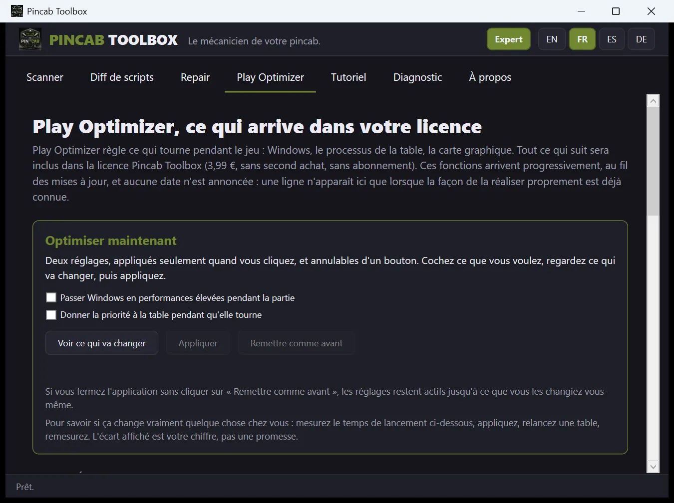 Capture de l'onglet Play Optimizer : introduction, deux cases à cocher (performances Windows et priorité de la table) et les boutons Voir ce qui va changer, Appliquer et Remettre comme avant.