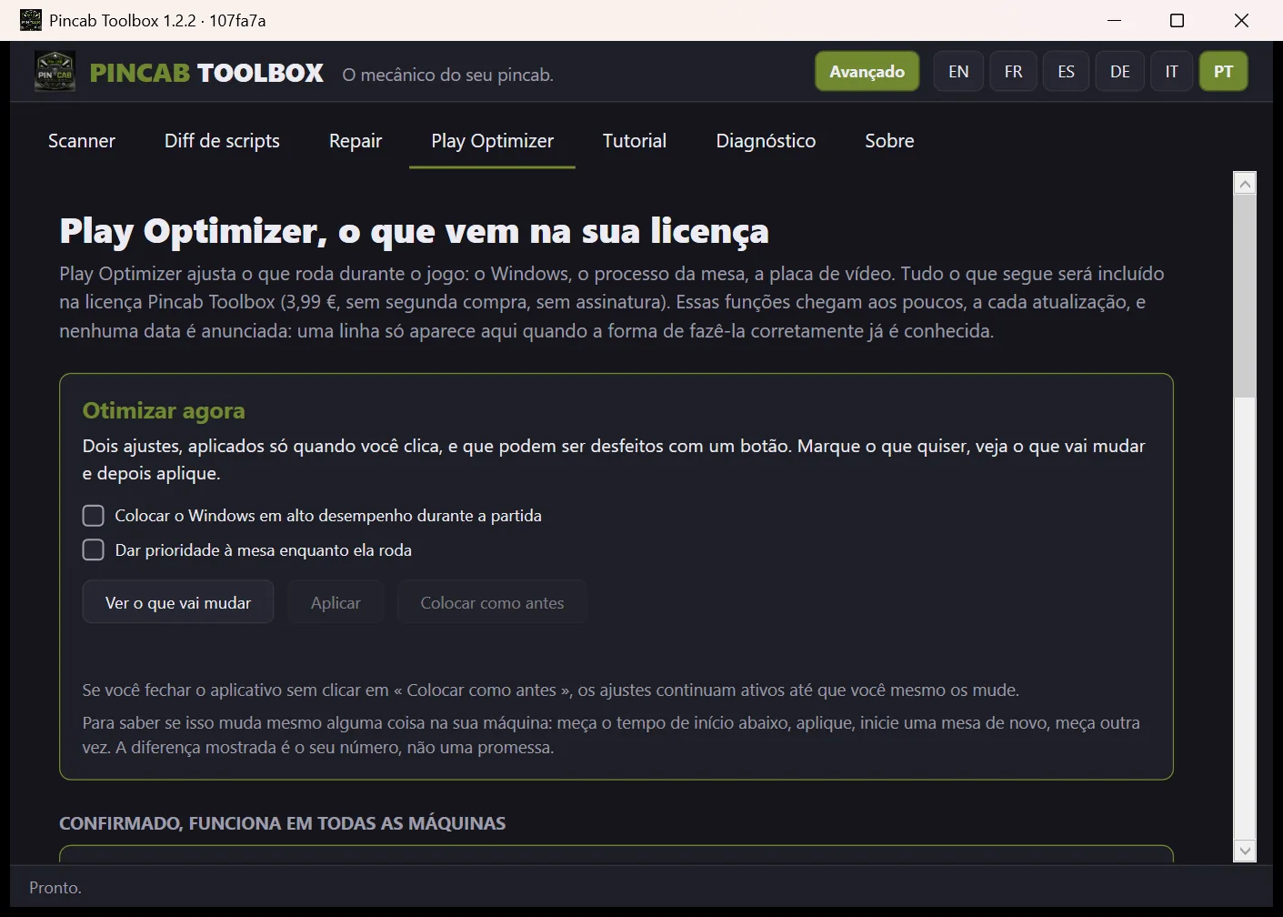 Captura da aba Play Optimizer: introdução, duas caixas de seleção (desempenho do Windows e prioridade da mesa) e os botões Ver o que vai mudar, Aplicar e Colocar como antes.